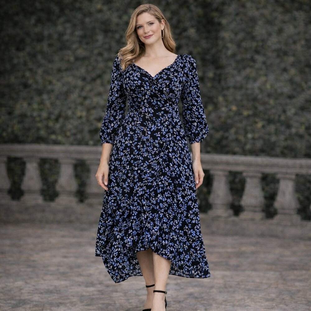 LUSH Maxi Dress Women Medium Faux Wrap Long Sleeve Blue Floral Dress